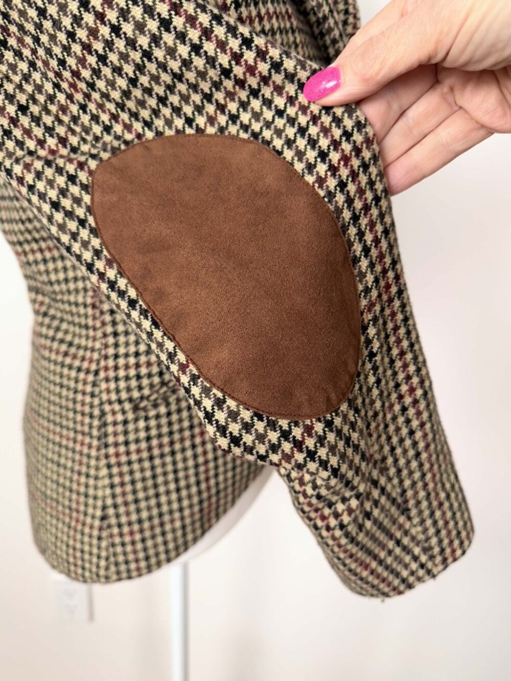 H&M Womens Wool Blend Houndstooth Blazer Equestrian Elbow Patch Jacket M/8 Brown - Picture 5 of 12